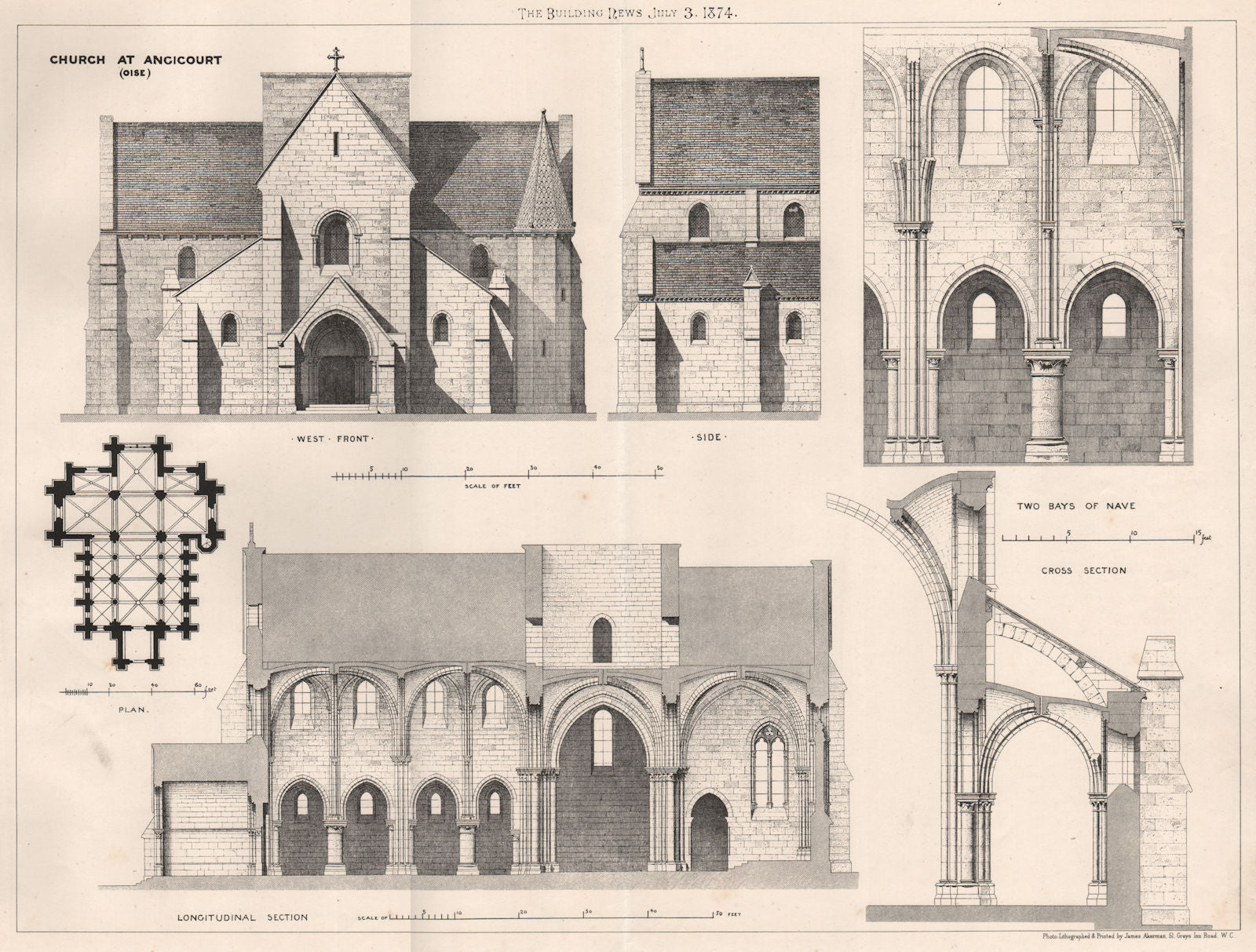 Church at Angicourt (Oise) 1874 old antique vintage print picture